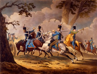Infanterie autrichienne défendant leur artillerie contre les hussards prussiens, de la série Actions de cavalerie des alliés pendant les campagnes napoléoniennes, publiée 1799-1802 - English School
