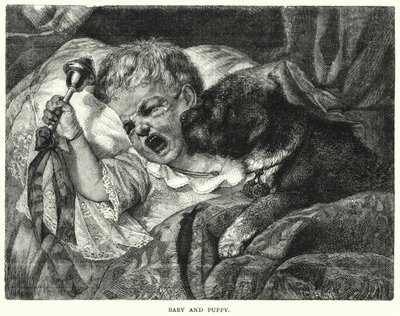 Bébé et chiot (gravure) - English School