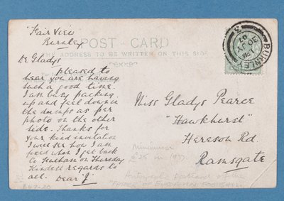 Dos de la carte postale de Jim Hogan, 1907 - English School