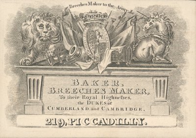 Baker, fabricant de culottes, 219 Piccadilly, carte de visite - English School