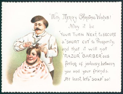 Coiffeur coupant les cheveux, carte de Noël - English School