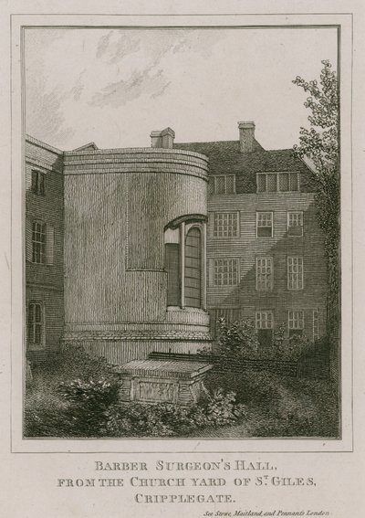 Barber Surgeons Hall, Monkwell Street, Londres, vu du cimetière de l
