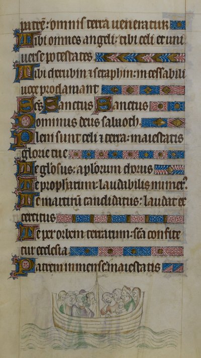 Scène en bas de page montrant Thomas Becket et ses compagnons traversant la Manche en bateau alors qu