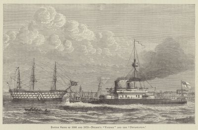 Navires de combat de 1800 et 1875, le "Victory" et le "Devastation" de Nelson (gravure) - English School