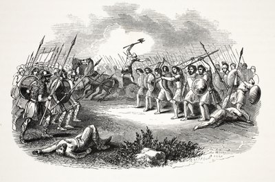 Bataille de Rhuddlan Marsh, publié au 19ème siècle (gravure sur acier) - English School