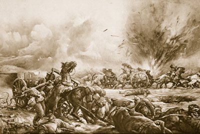 Batterie bavaroise prise par le feu des canons britanniques en se préparant au sud de la route de Rapaume, 1914-19 - English School