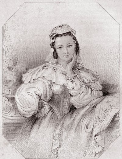 Béatrice, nièce de Léonato (Beaucoup de bruit pour rien) dans - « Galerie des femmes de Shakespeare, collection de quarante-cinq portraits sérieux par les premiers artistes de Londres, enrichie de notices critiques et littéraires » vers 1838 - de « Galerie - English School