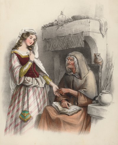 Belle jeune fille rendant visite à une sorcière pour la consulter sur l