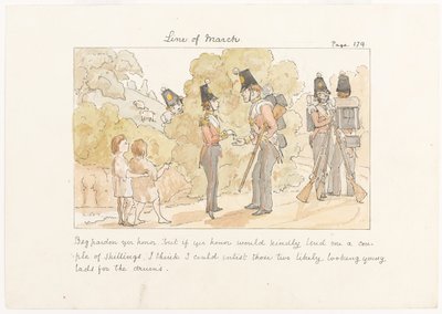 Pardon, votre honneur, mais si votre honneur pouvait me prêter quelques shillings, je pense que je pourrais enrôler ces deux jeunes garçons pour les tambours, vers 1850 (aquarelle sur papier) - English School