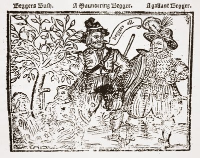 Tous les mendiants : Beggars Bush, un mendiant errant et un mendiant galant, page de titre de The Praise, Antiquity and Commodity of Beggary, Beggars and Begging - English School