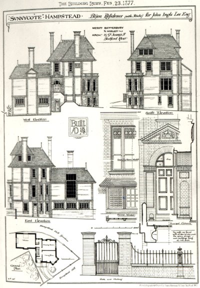 Résidence Bijou Sunnycote, Hampstead, (avec studio) pour John Ingle Lee Esq, de The Building News, 23 février 1877 - English School