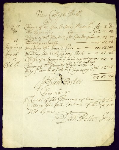 Facture de Daniel Porter à New College, 1690 - English School