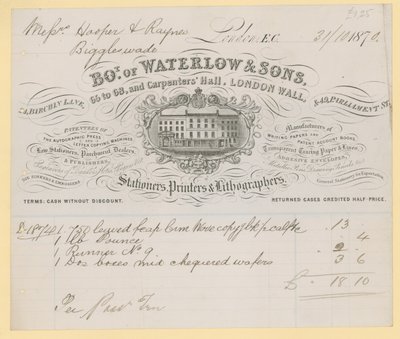 Facture de Waterlow and Sons, 66-68 Carpenters Hall, London Wall, papetiers - English School