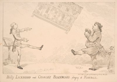 Billy Blackbeard et Charley Blackbeard jouant au football, caricature satirique faisant référence au East India Bill, publié par W. Humphrey, 1744 - English School