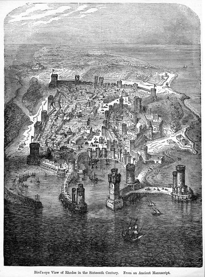 Vue aérienne de Rhodes au XVIe siècle, d