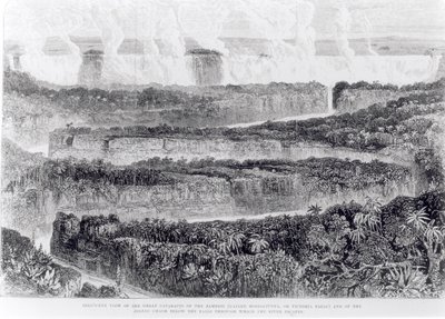 Vue aérienne des grandes cataractes du Zambèze (chutes Victoria) de Narrative of an Exhibition to the Zambesi and its Tributaries, publié en 1865 - English School