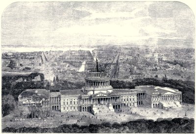 Vue aérienne de la ville de Washington 1861, avec le Capitole en construction au premier plan (version nettoyée numériquement) - English School