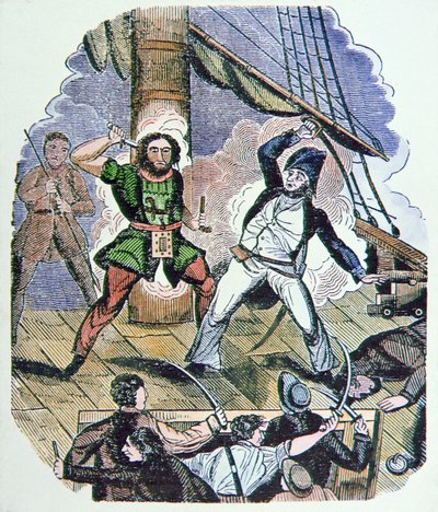 Le dernier combat de Barbe Noire (gravure en couleur) - English School