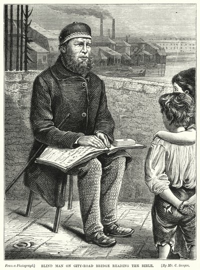 Homme aveugle sur le pont de City-Road lisant la Bible - English School