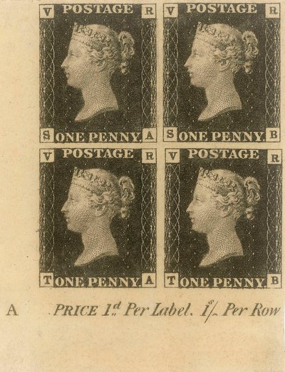 Bloc de timbres Penny Black, vers 1840 (timbres-poste) - English School