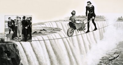 Blondin (François Gravelet) pousse une brouette sur une corde raide au-dessus des chutes du Niagara - English School