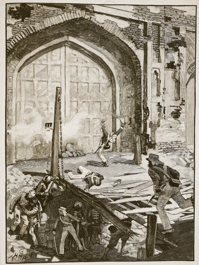 Explosion de la porte du Cachemire à Delhi, illustration de Cassells Illustrated History of England - English School
