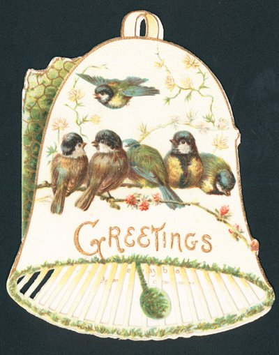 Mésanges bleues et cloche, Carte de Noël - English School