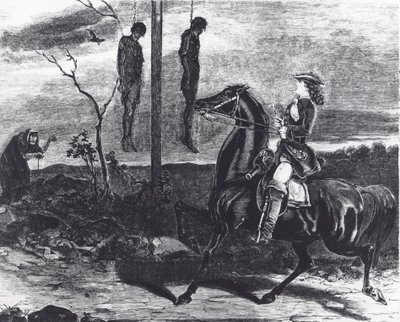 Corps de bandits de grand chemin exécutés pendus dans des gibets au bord de la route comme avertissement pour les autres criminels (lithographie) - English School