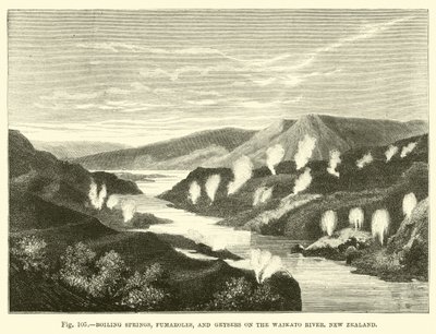 Sources bouillonnantes, fumerolles et geysers sur la rivière Waikato, Nouvelle-Zélande - English School