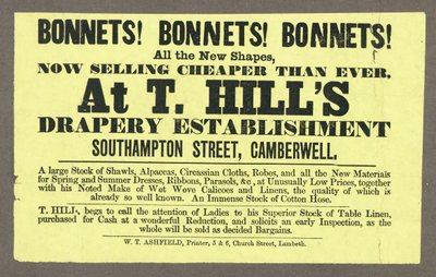 Bonnets ! Bonnets ! Bonnets ! chez T Hills, Southampton Street, Camberwell, Londres - English School