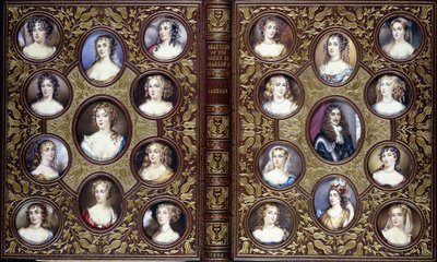 Couverture de livre avec vingt-deux miniatures de portraits de Charles II et des belles femmes de sa cour, 1833 - English School