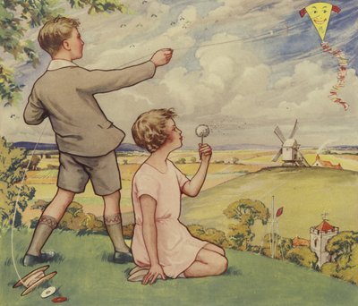 Garçon et fille faisant voler un cerf-volant - English School
