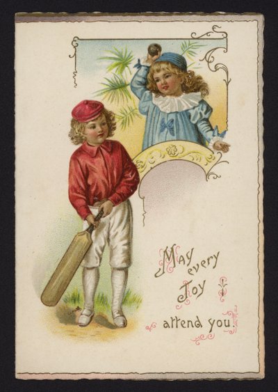 Garçon et fille jouant au cricket, carte de vœux, fin 19e ou début 20e siècle - English School