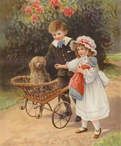 Garçon et fille poussant leur chien de compagnie dans un chariot - English School