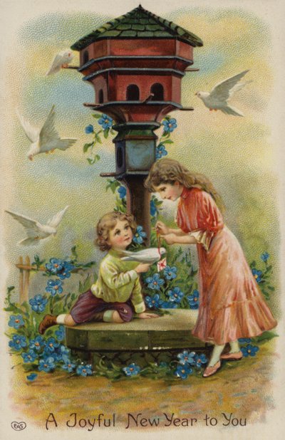 Garçon et fille envoyant des vœux de Noël par colombe - English School