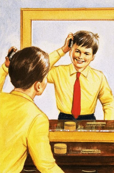 Garçon se brossant les cheveux devant un miroir argenté - English School
