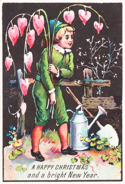 Garçon portant des fleurs de cœur saignant, carte de Noël - English School