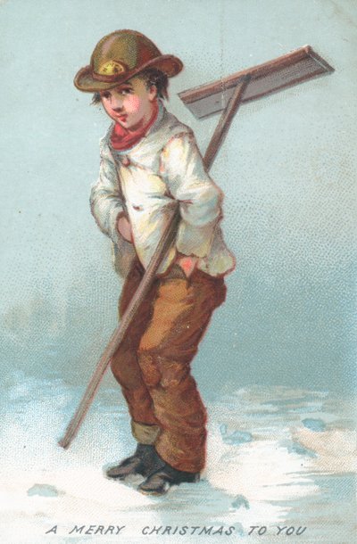 Garçon déblayant la neige, carte de Noël - English School