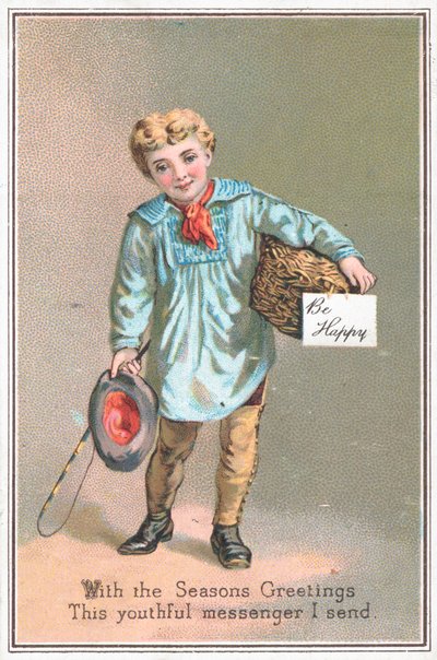 Garçon livrant un panier-cadeau, carte de Noël - English School