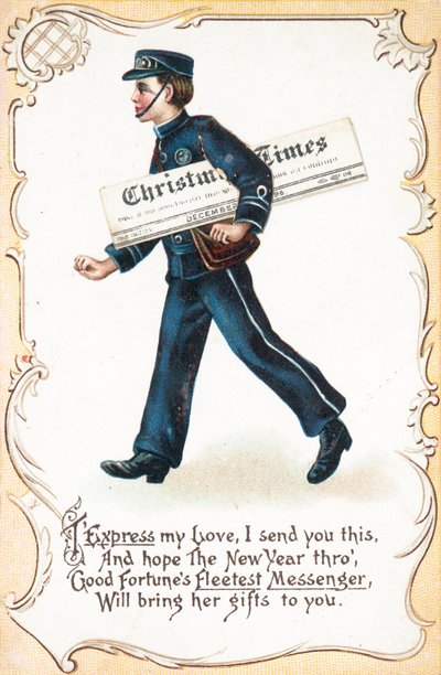 Garçon livrant le journal Christmas Times, carte de Noël - English School