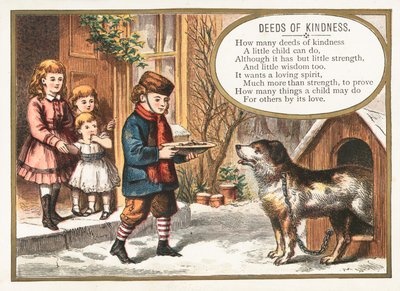 Garçon nourrissant un chien dans une niche, carte de Noël - English School