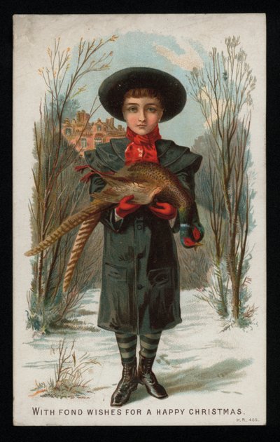 Garçon tenant un faisan, carte de vœux de Noël - English School
