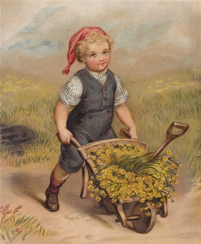 Garçon poussant une brouette pleine de fleurs - English School