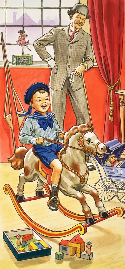 Garçon chevauchant un cheval à bascule - English School