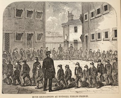 Garçons exerçant à la prison de Tothill Fields, illustration de The Criminal Prisons of London and Scenes from Prison Life par Henry Mayhew et John Binny, pub. 1862 - English School