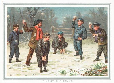 Garçons faisant une bataille de boules de neige, carte de Noël - English School
