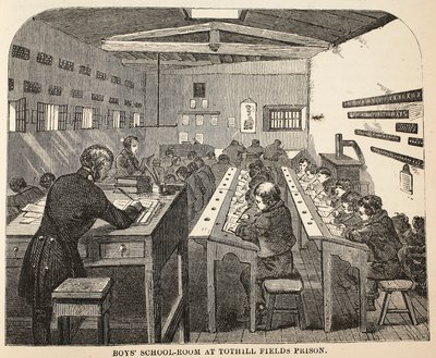 Salle de classe des garçons à la prison de Tothill Fields, illustration de The Criminal Prisons of London and Scenes from Prison Life par Henry Mayhew et John Binny, pub. 1862 - English School