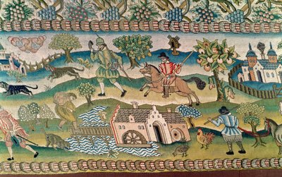 Tapis de table de Bradford, détail de scènes de la vie rurale, fin du 16e siècle - English School