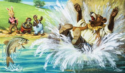 Brer Bear tombant dans la rivière (gouache sur papier) - English School