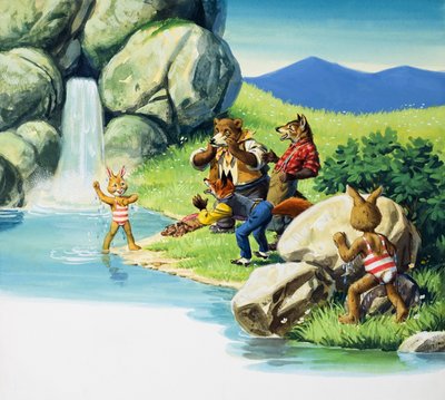 Brer Rabbit en train de nager (gouache sur papier) - English School